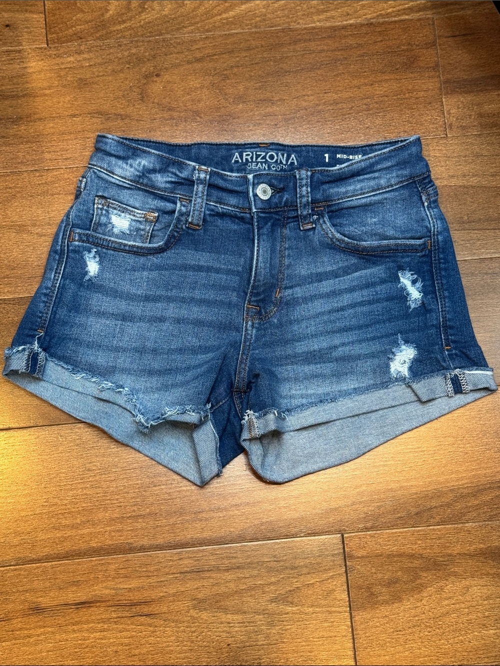 ARIZONA JEAN COMPANY Distressed Dark Blue Denim Shorts
